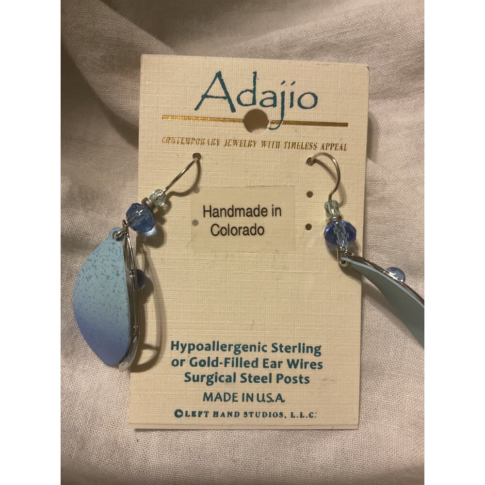 Adajio Earrings Blue Aqua Petal Shiny Silver Grasses Overlay Handmade in USA - Picture 2 of 3